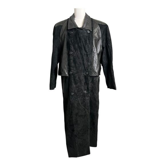 Vintage Leather Trench Coat Stroller spy Fall Overcoat Classic Retro Medium Goth - Picture 1 of 10